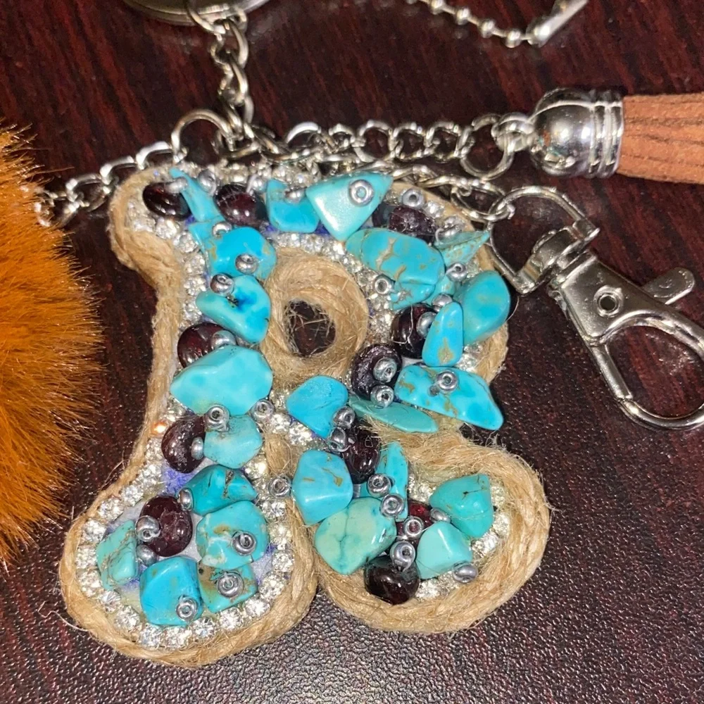 Purse charm Keychain with Leather B Brown pom pom purse charm